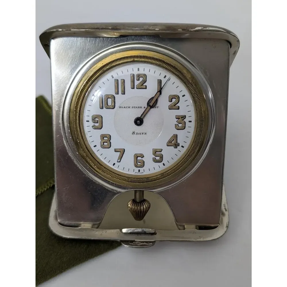 Antique Black Starr & Frost Sterling Silver Purse Desk Clock 8 Day Swiss